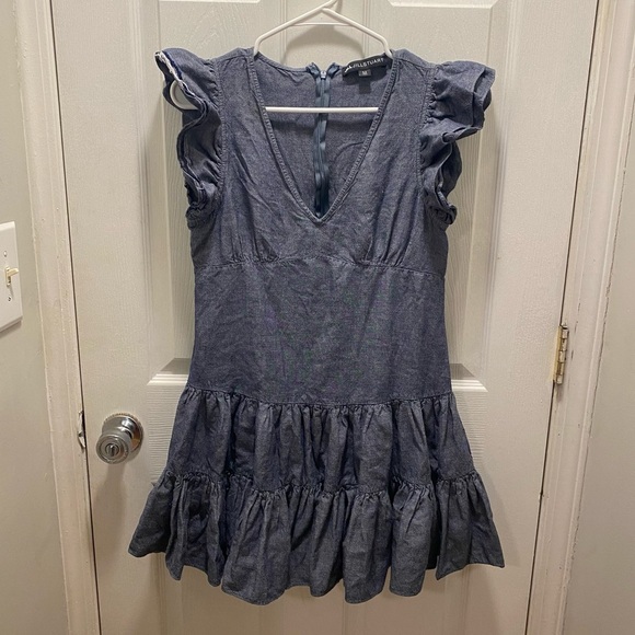 Jill Stuart blue denim chambray flutter sleeve ruffle tiered short dress - Picture 5 of 7